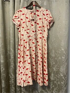 Lindy Bop Cream Dress with Pink Flamingo Print